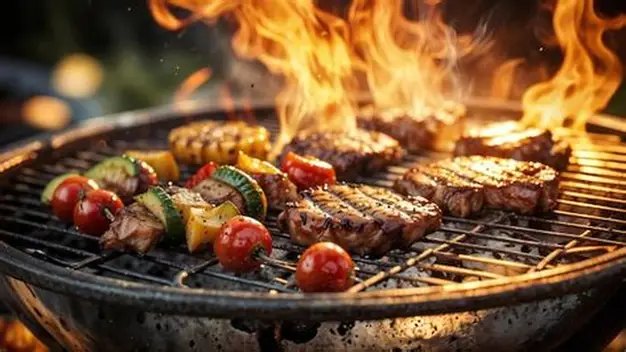 Grilled meat and vegetables on a barbecue
